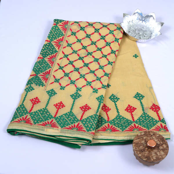 Cotton Cream Saree with Assamese embroidery