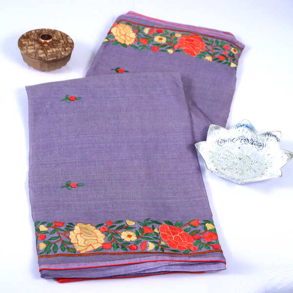 Pure Cotton Heavy Machine Embroidery Purple Saree