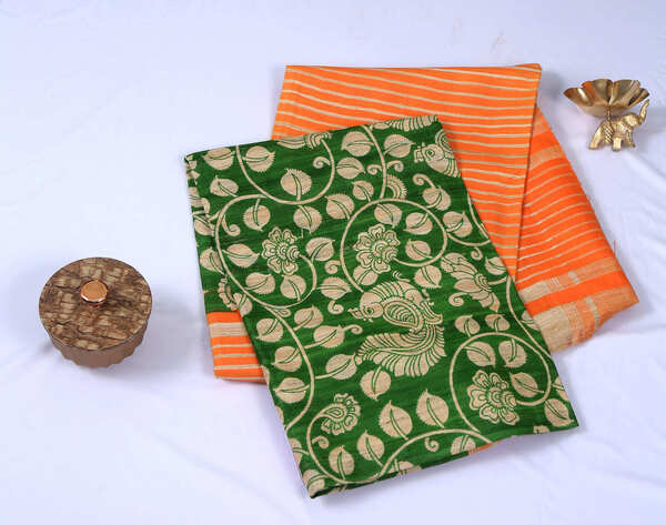 Pure Gicha Silk Green Orange Saree