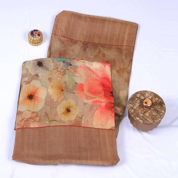 Pure Tussar Silk Light Brown Saree