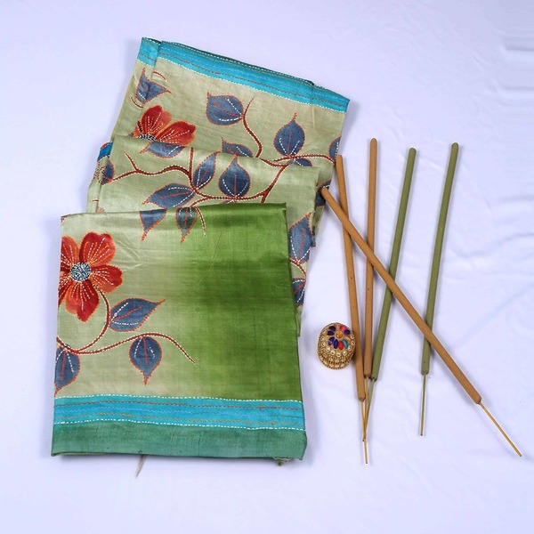 Pure Tussar Silk Paint Saree With Kantha Work Green