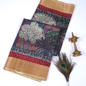 Semi Tussar Jungle Theme Green Saree