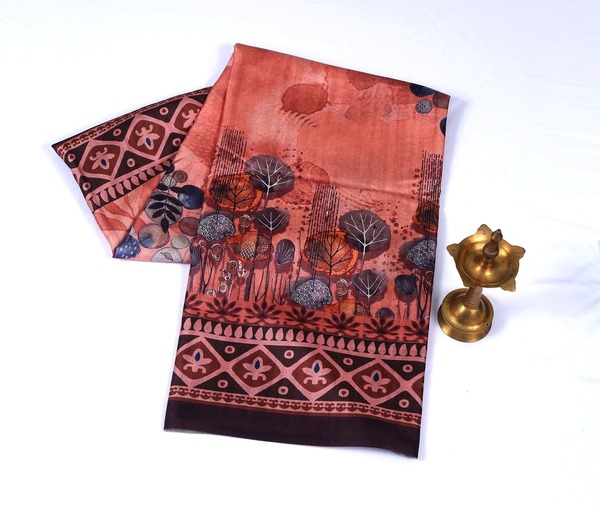 Semi Tussar Printed Brick Red Saree