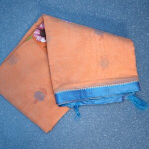 Peach Elegance – Hand-Painted Cotton Saree with Turquoise Blue Border