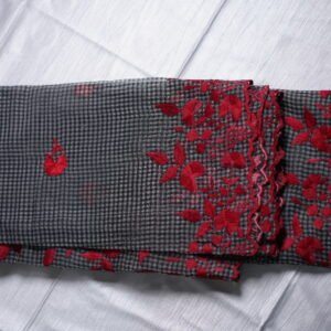 Black and Red Kota Check Saree with Floral Embroidery